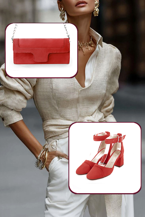 Dress heels closed-back ankle strap in scarlet red leather with medium flare heels and round toe - Worn view